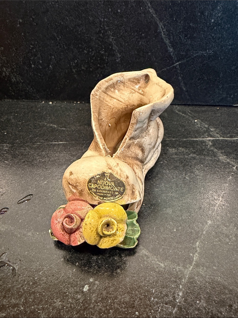 Nuova Capodimonte Ceramic Boot Planter with Yellow & Red Rose Accents